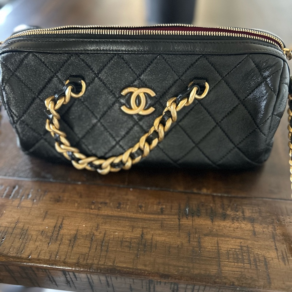 Chanel Black and Gold Crossbody Bag with Quilted Leather